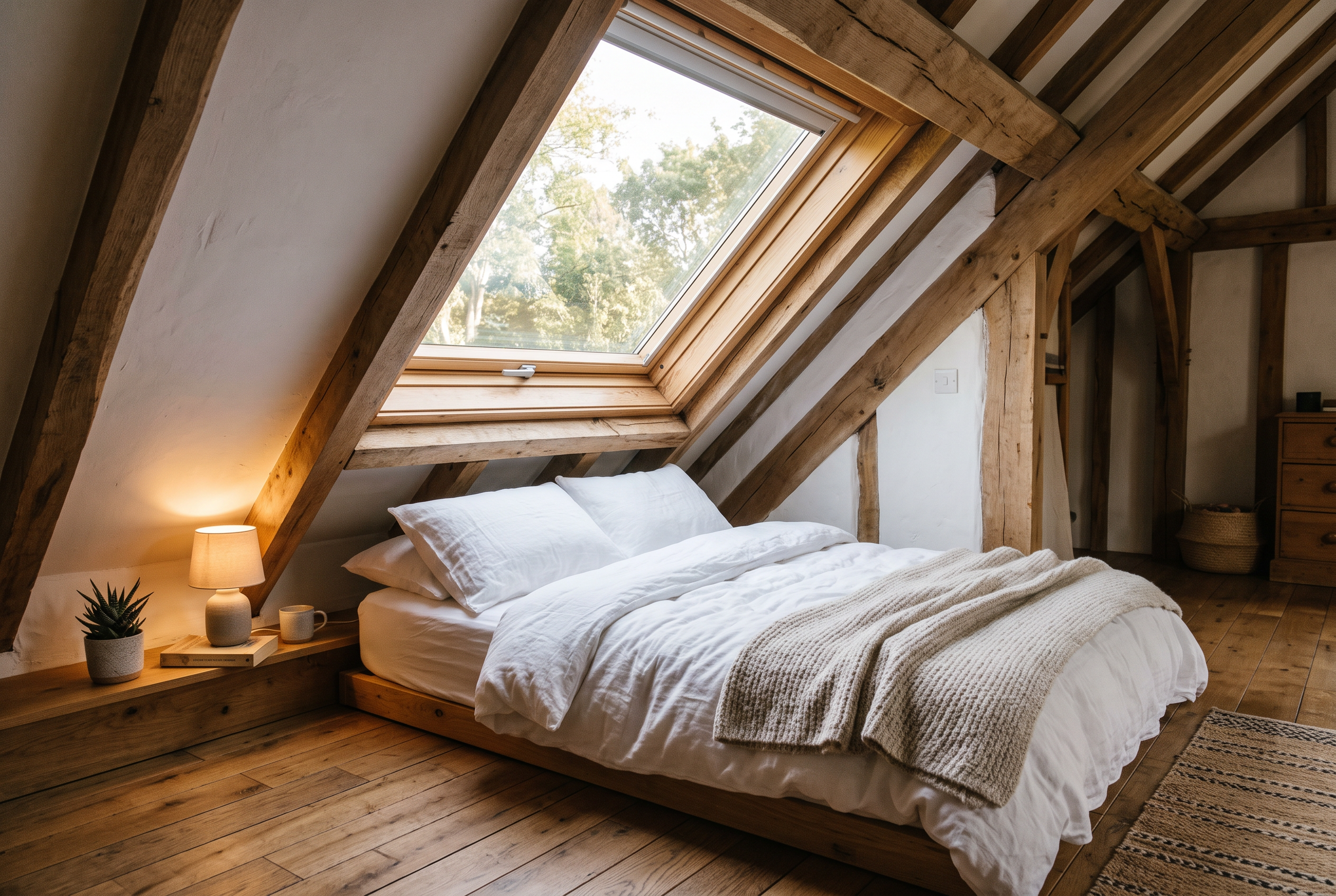 Bett unter Dachschräge mit Dachfenster und Holzbalken