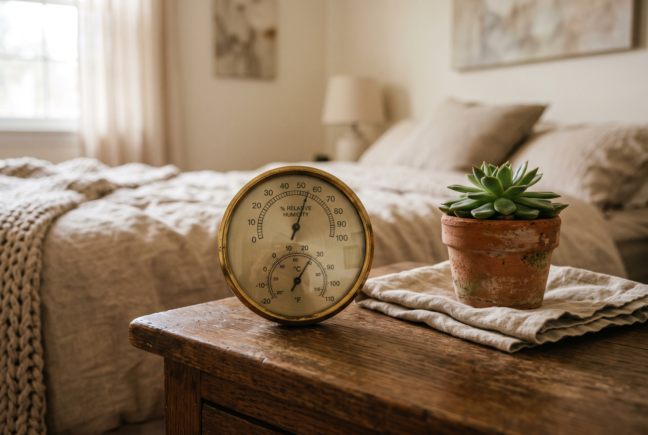 Hygrometer und Thermometer auf dem Nachttisch im Schlafzimmer