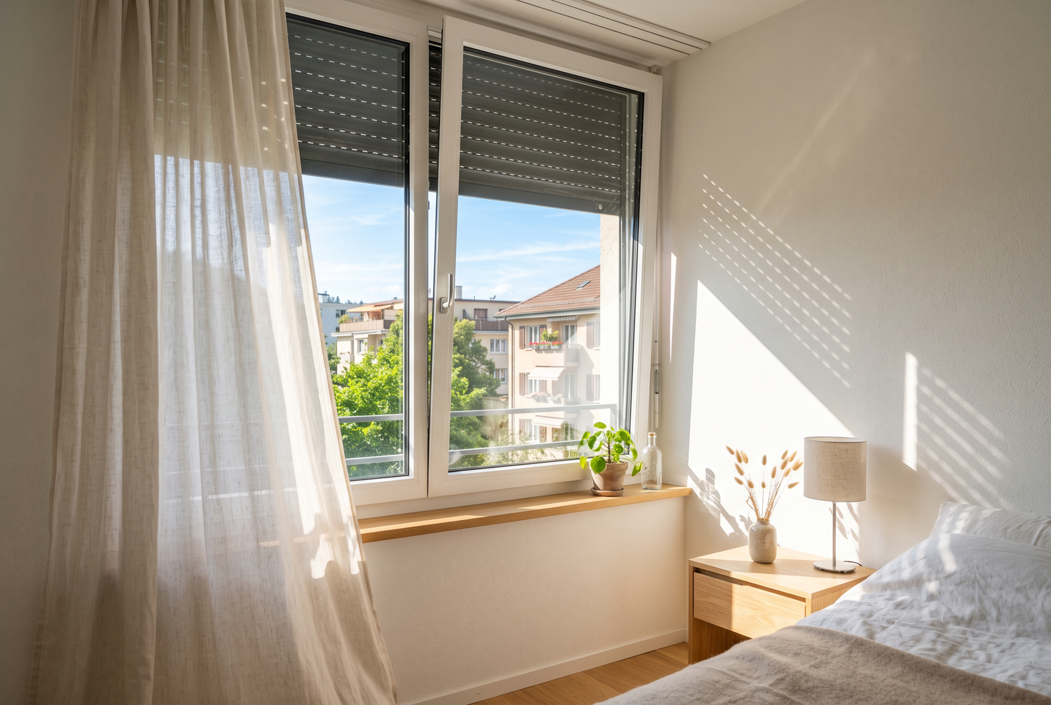 Halb geschlossener Rollladen am Schlafzimmerfenster im Sommer
