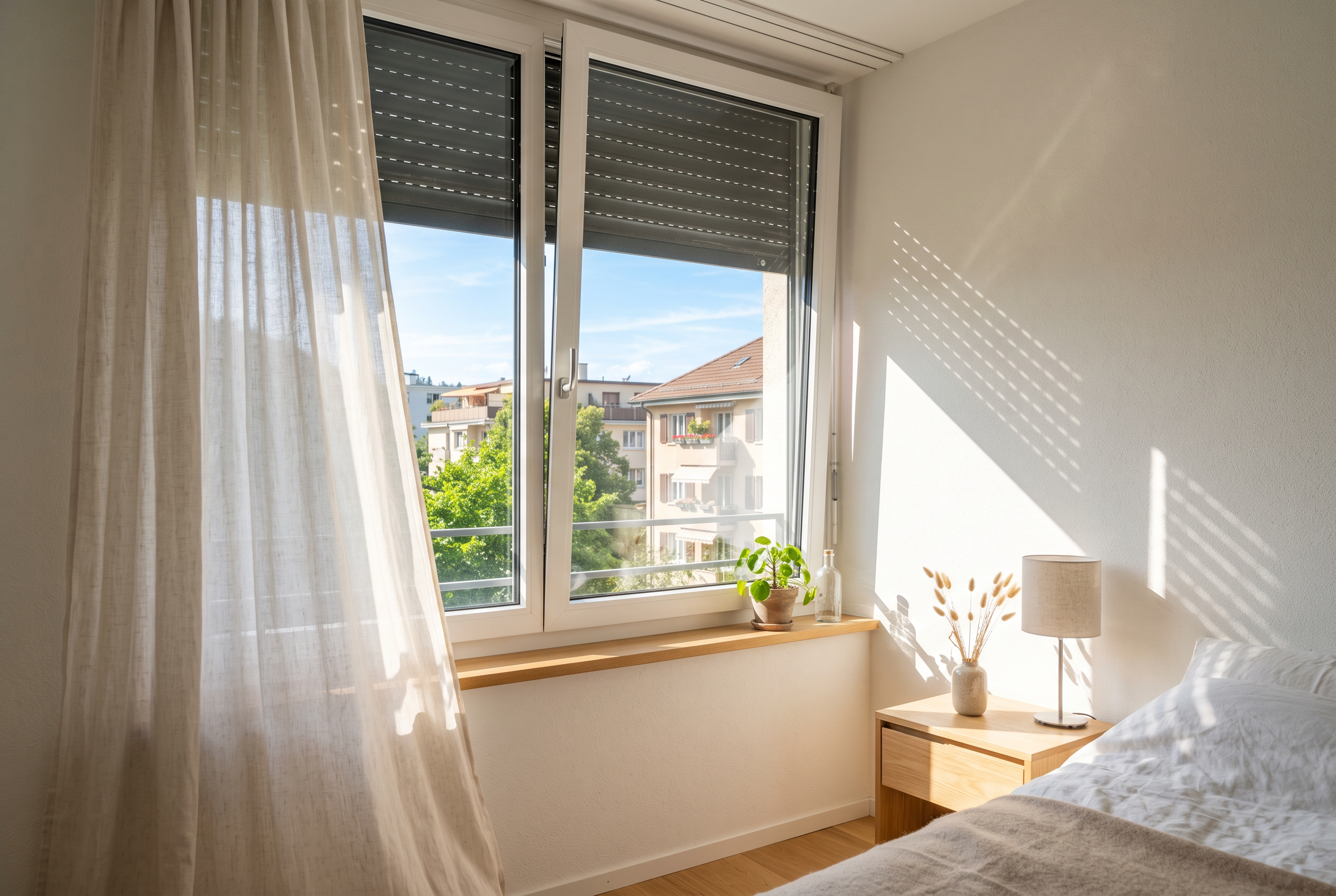 Halb geschlossener Rollladen am Schlafzimmerfenster im Sommer
