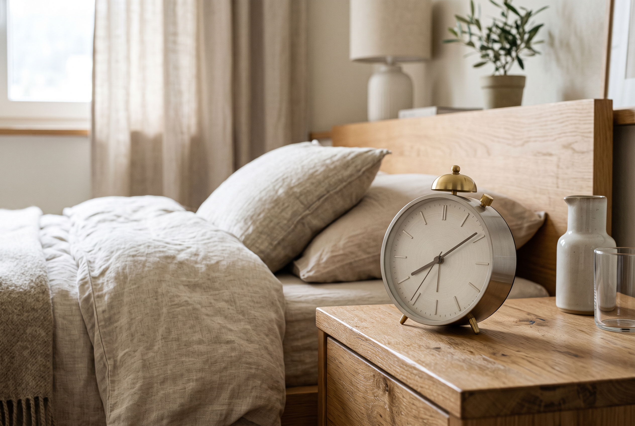 Minimalistischer Wecker auf dem Nachttisch als Symbol für den 90-Minuten-Schlafzyklus