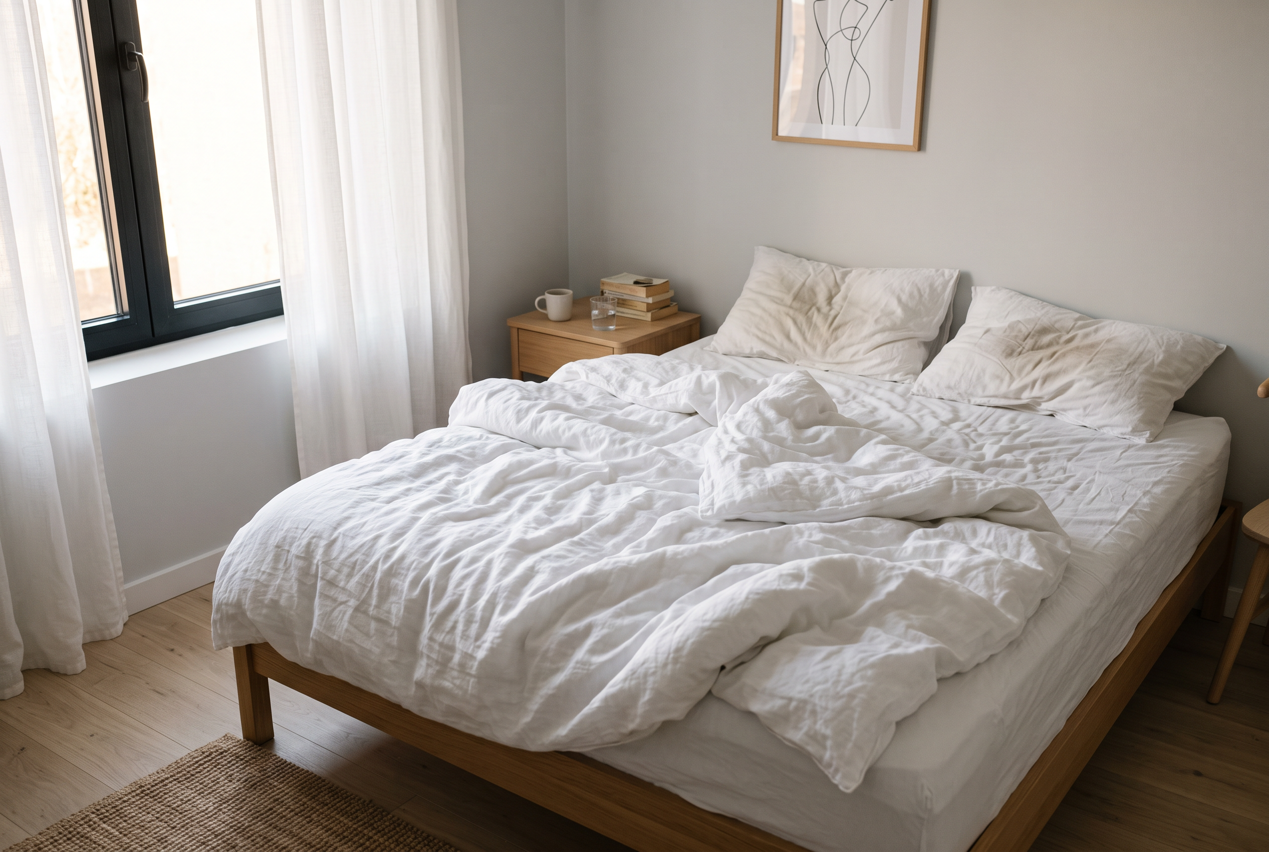 Leeres Bett mit zurückgeschlagener Leinendecke am Morgen