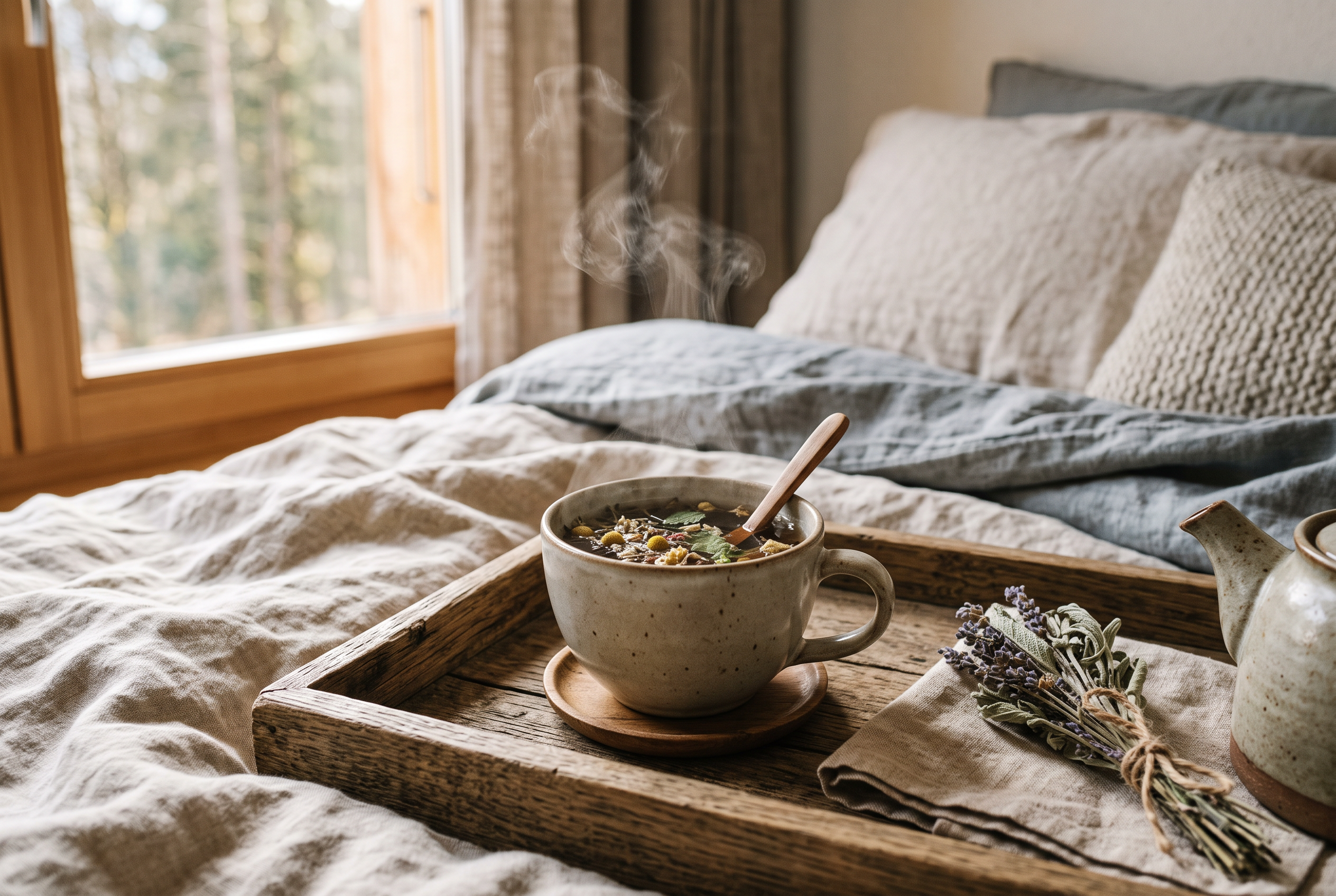 Tasse Kräutertee auf einem Holztablett auf dem Bett als Symbol für eine bewusste Pause