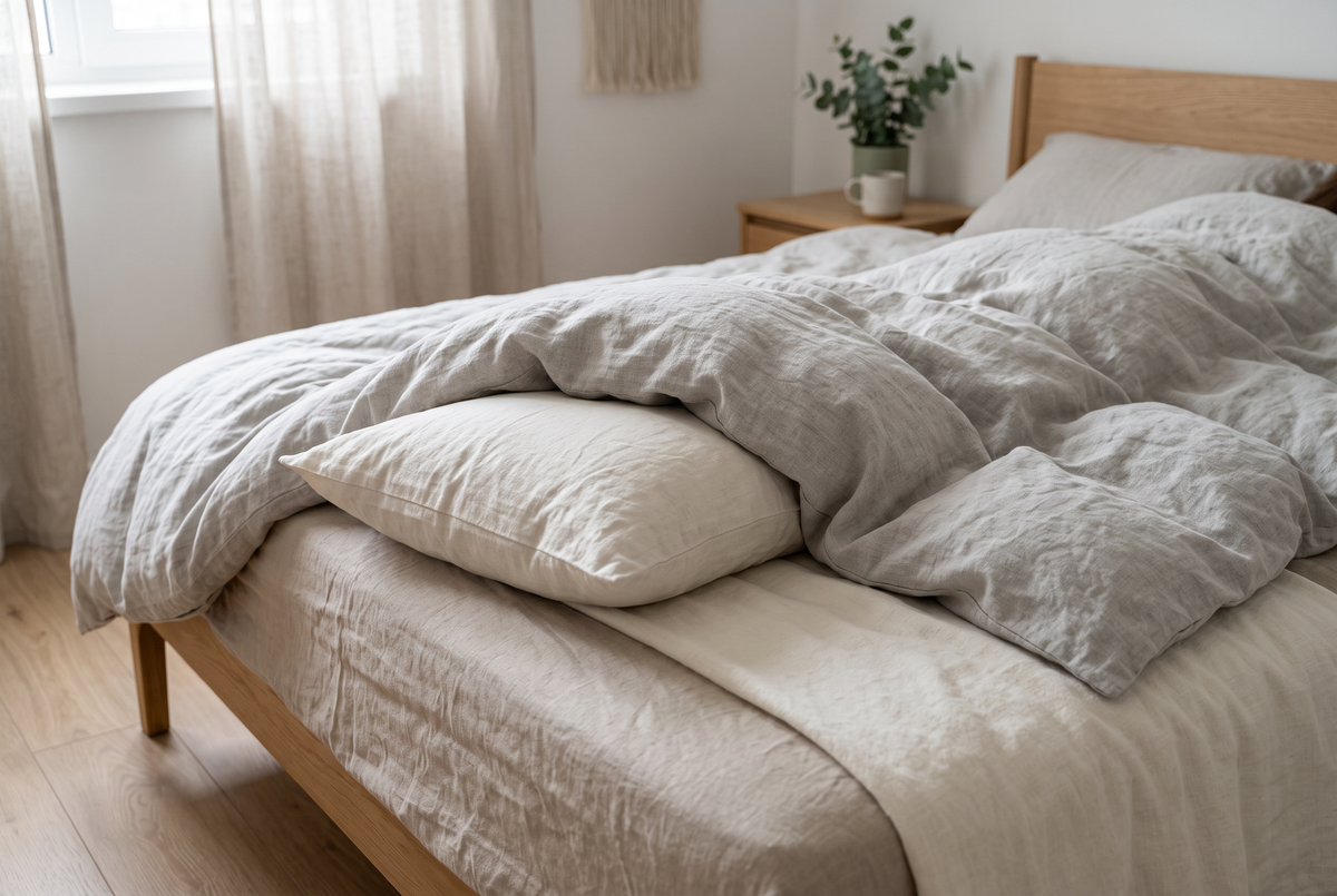 Kissen unter den Knien auf einem Bett mit Leinenbezug