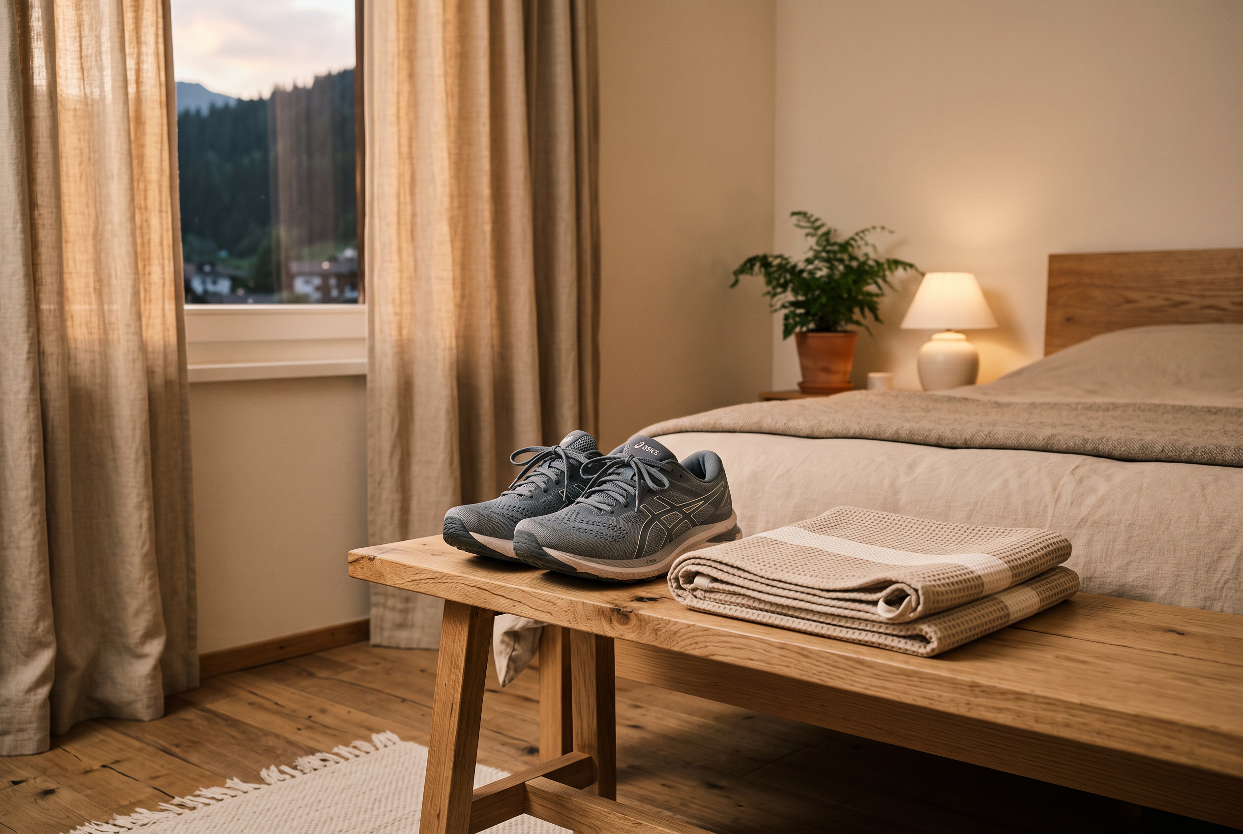 Laufschuhe und Sporthandtuch auf einer Holzbank im Schlafzimmer am Abend