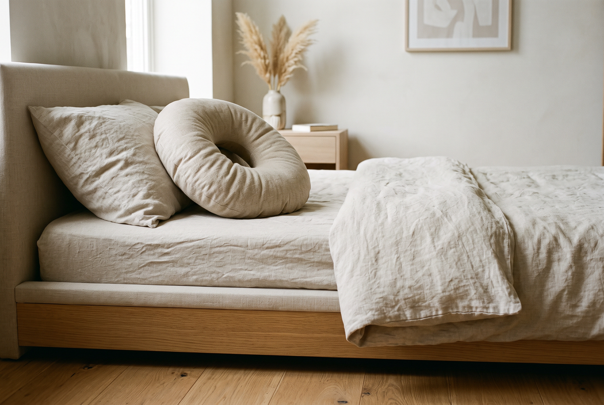 Ringförmiges Sitzkissen und Kissen auf einem Bett