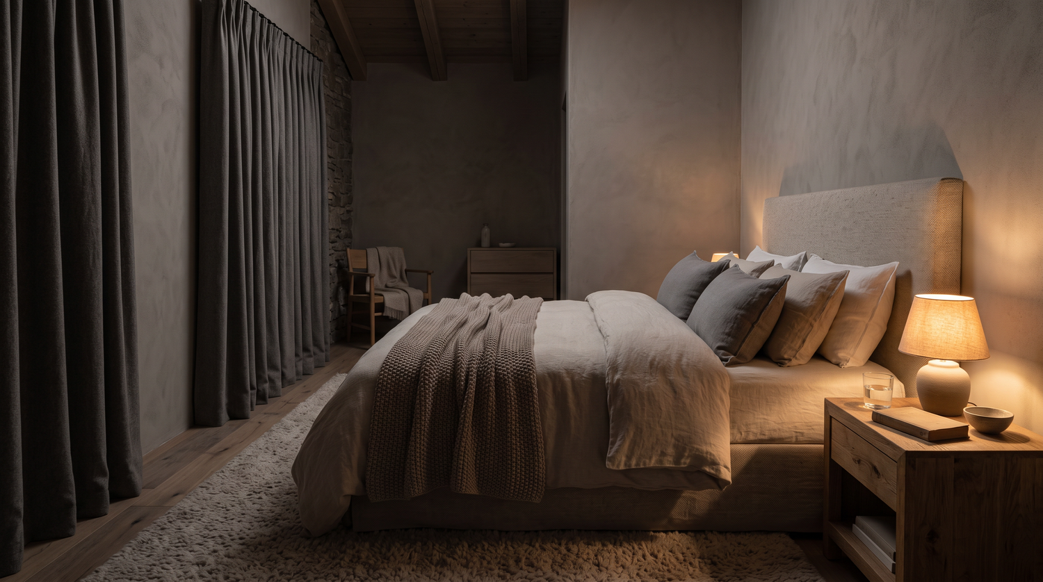 Sehr ruhiges Schlafzimmer bei Nacht mit weichen Textilien und gedimmtem Licht
