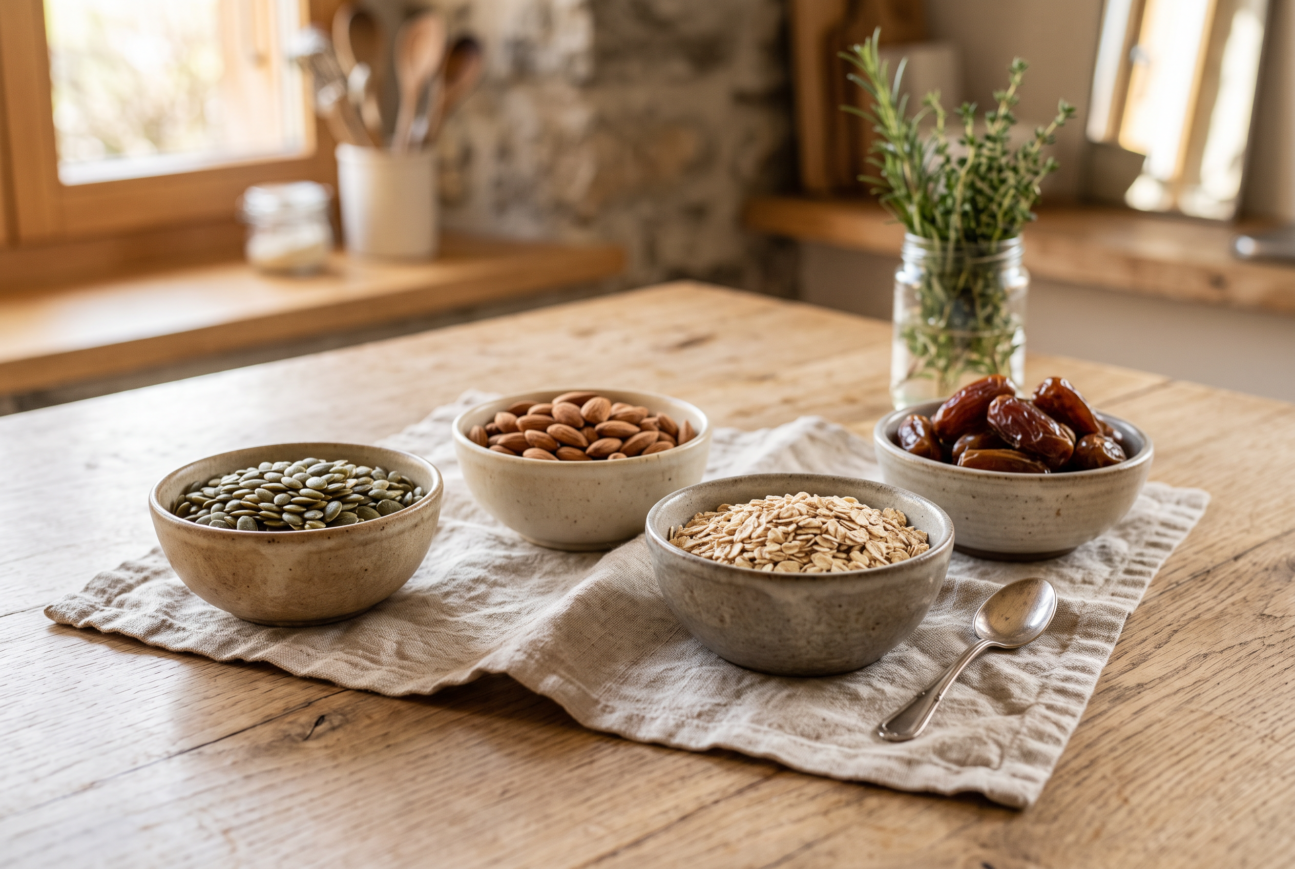Tryptophanreiche Lebensmittel: Kürbiskerne, Mandeln, Haferflocken und Datteln