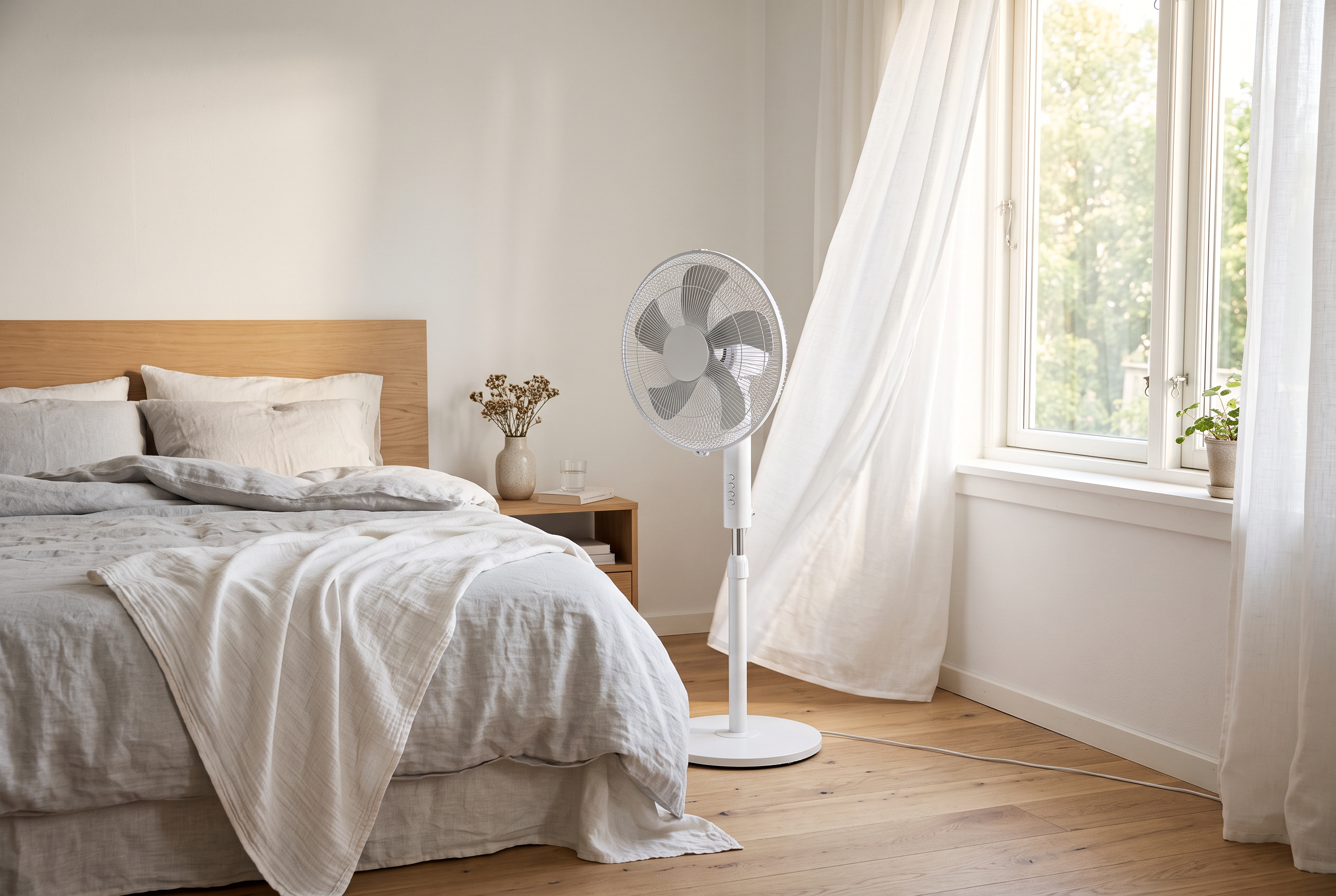 Ventilator neben Bett mit leichter Leinenbettwäsche