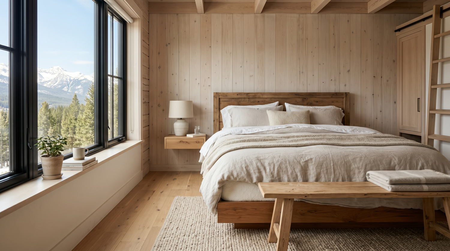 Helles Schlafzimmer mit gemachtem Bett und Memory-Schaum-Matratze im Morgenlicht