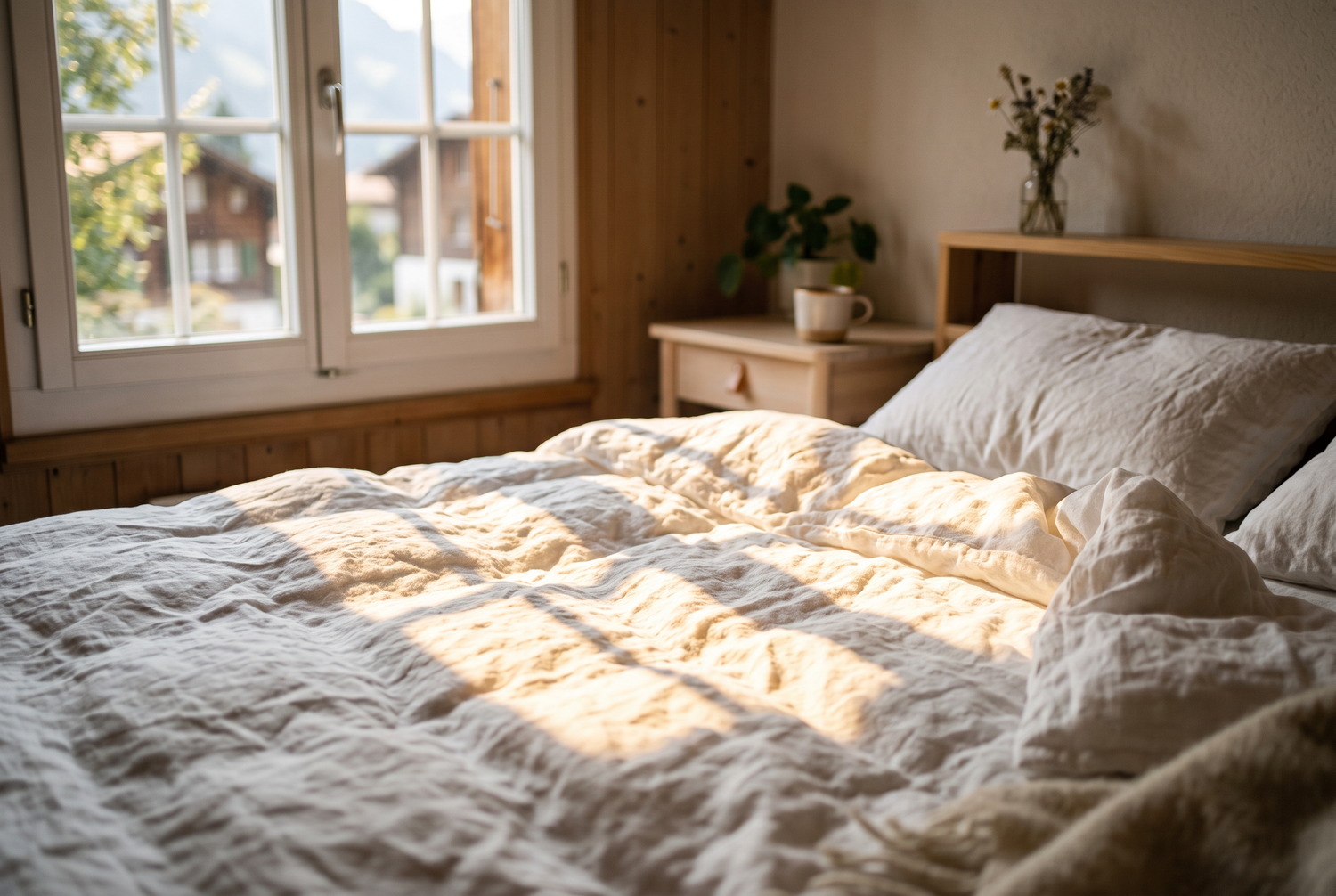 Sonnenlicht fällt auf Leinenbettwäsche – Vitamin D und Schlaf
