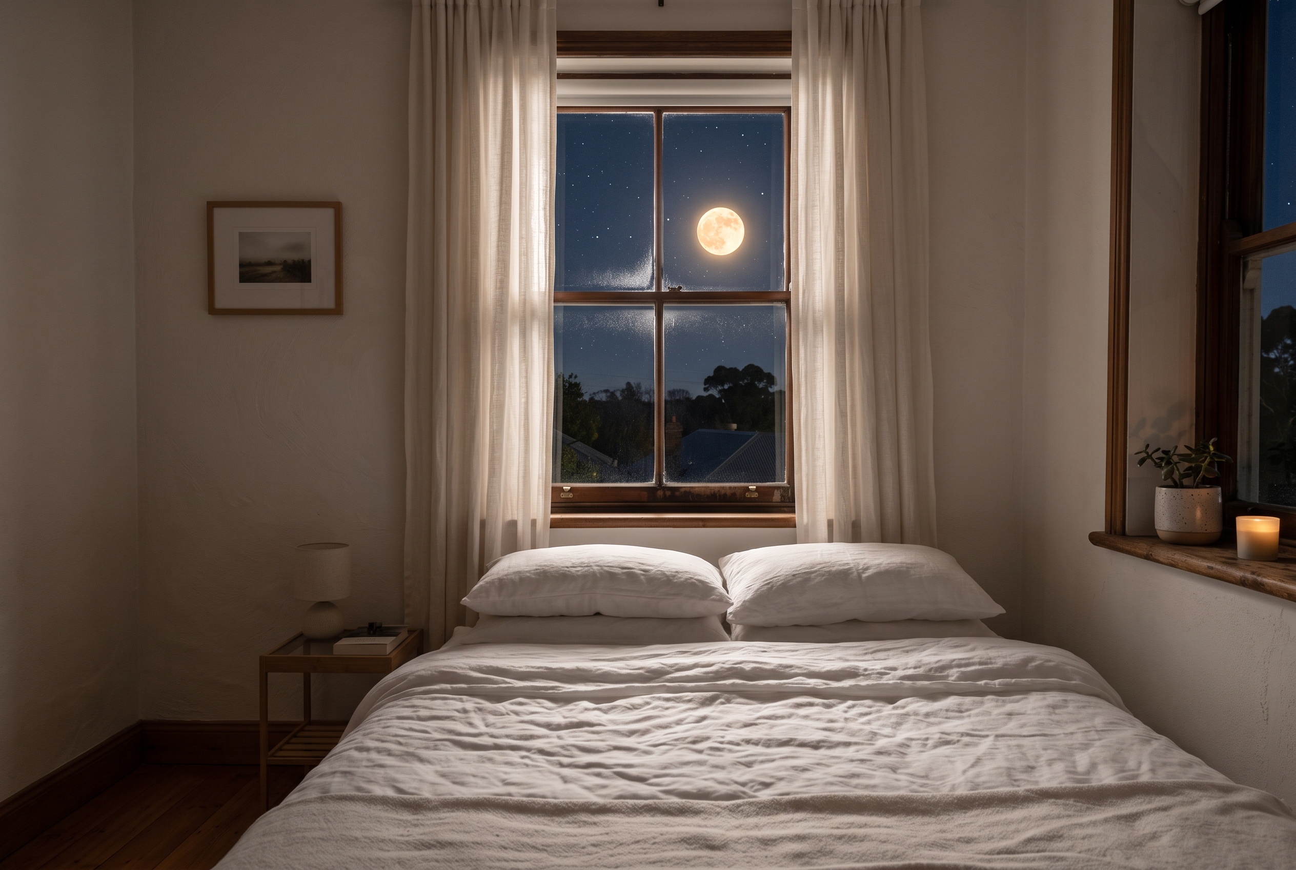 Vollmond scheint durch Schlafzimmerfenster mit Leinenvorhängen
