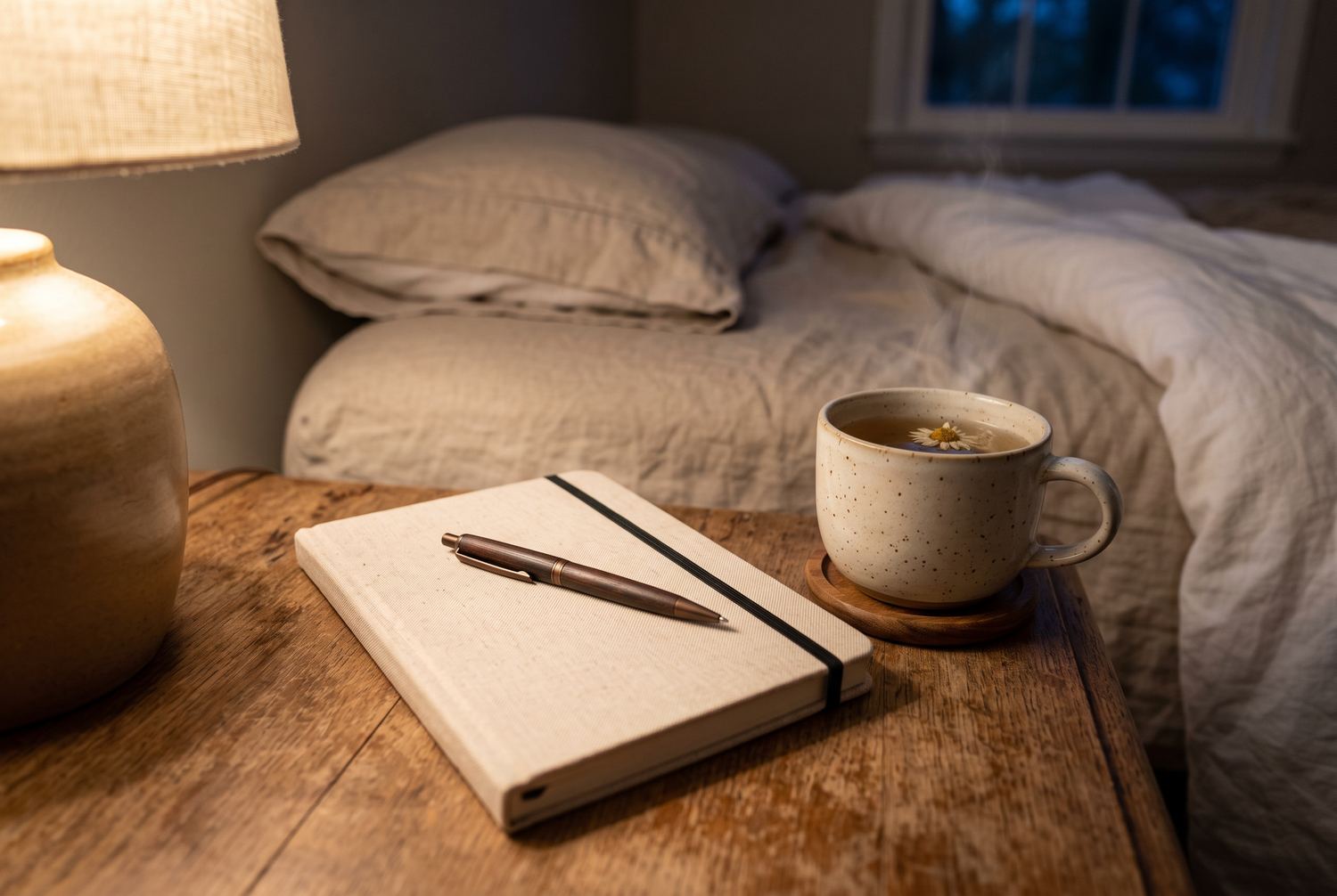 Notizbuch und Kräutertee auf dem Nachttisch am Abend