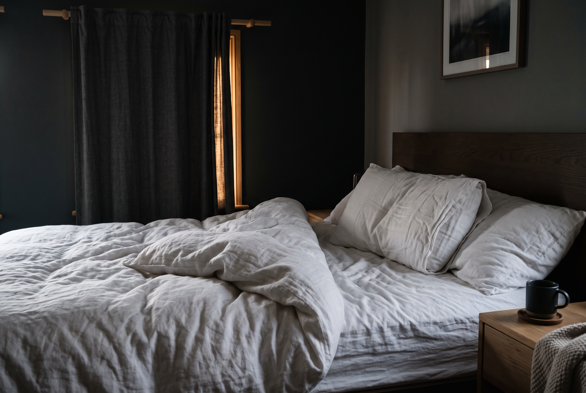 Weiche Leinendecke im abgedunkelten Schlafzimmer mit Lichtstreifen