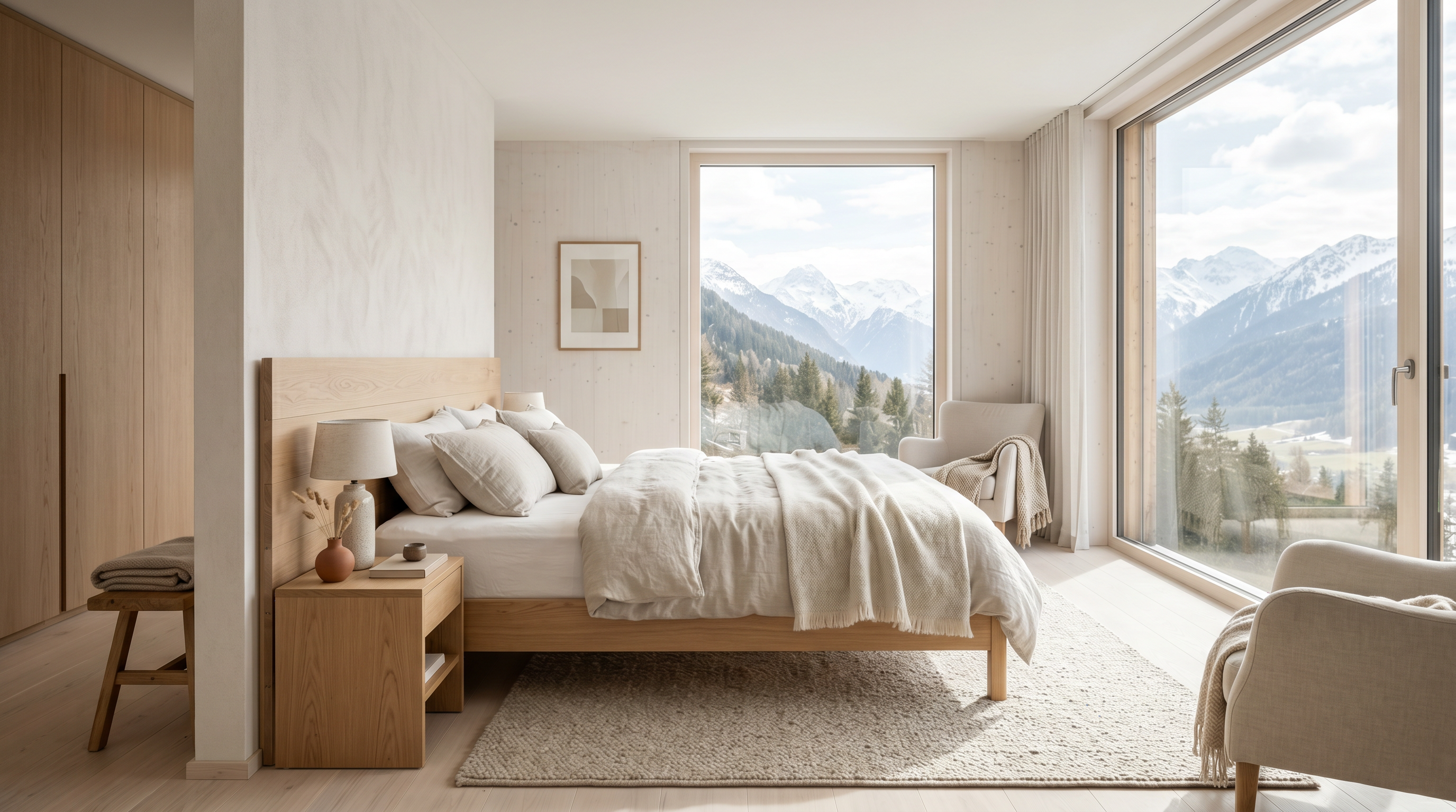 Helles Schlafzimmer mit hochwertiger Matratze auf Holzbettgestell im Morgenlicht
