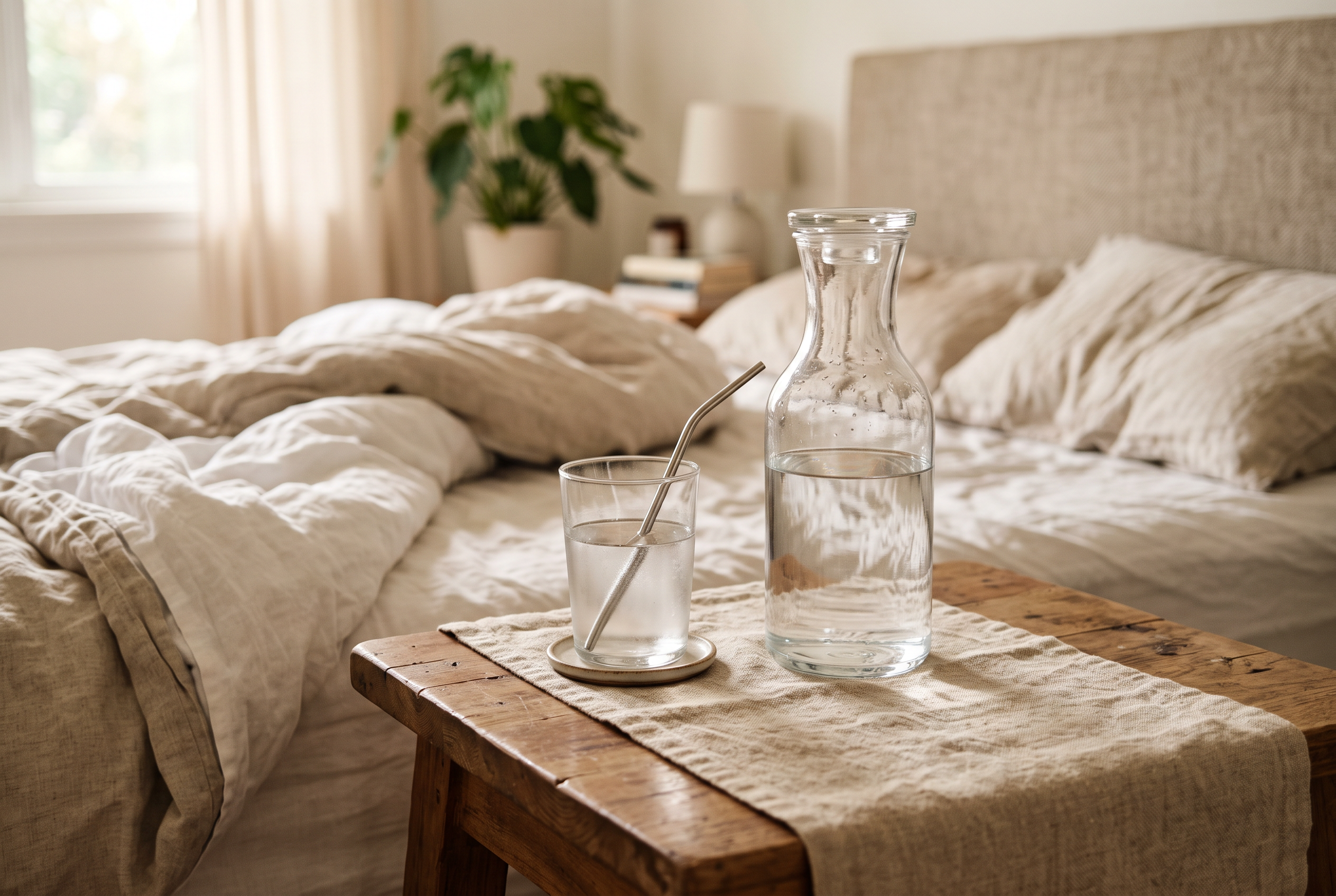 Wasserkaraffe und Glas Wasser auf einem Nachttisch aus Holz