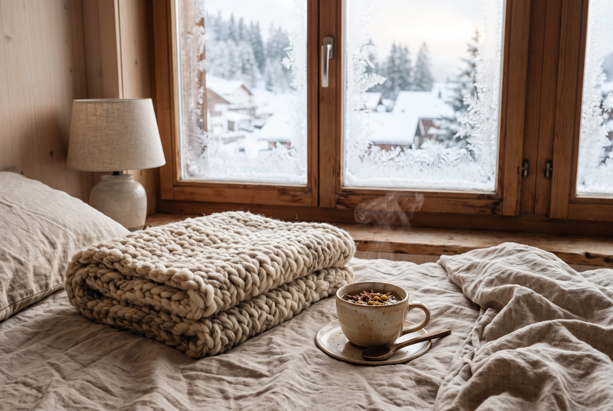 Teetasse und Wolldecke auf Leinenbett am Winterfenster