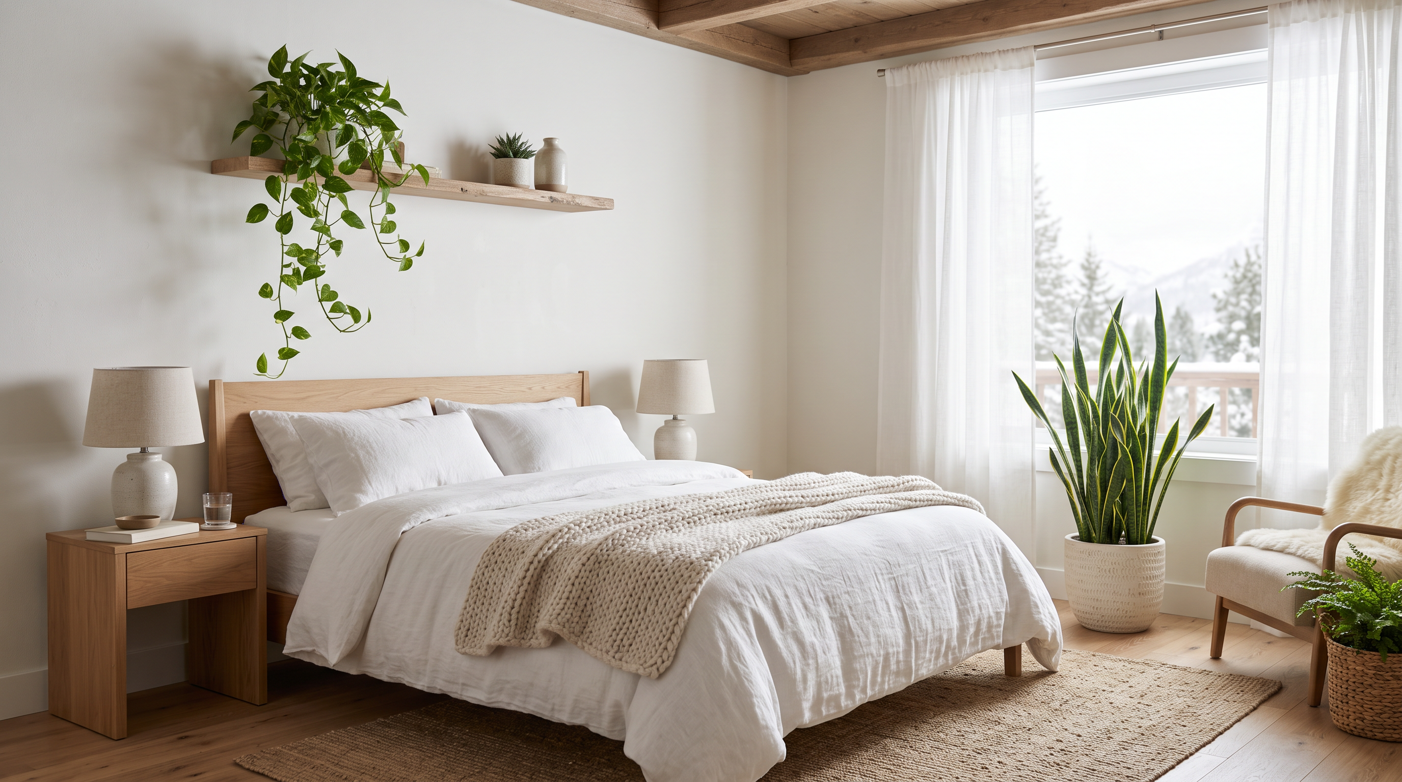 Schlafzimmer mit grünen Zimmerpflanzen neben dem Bett und auf dem Regal