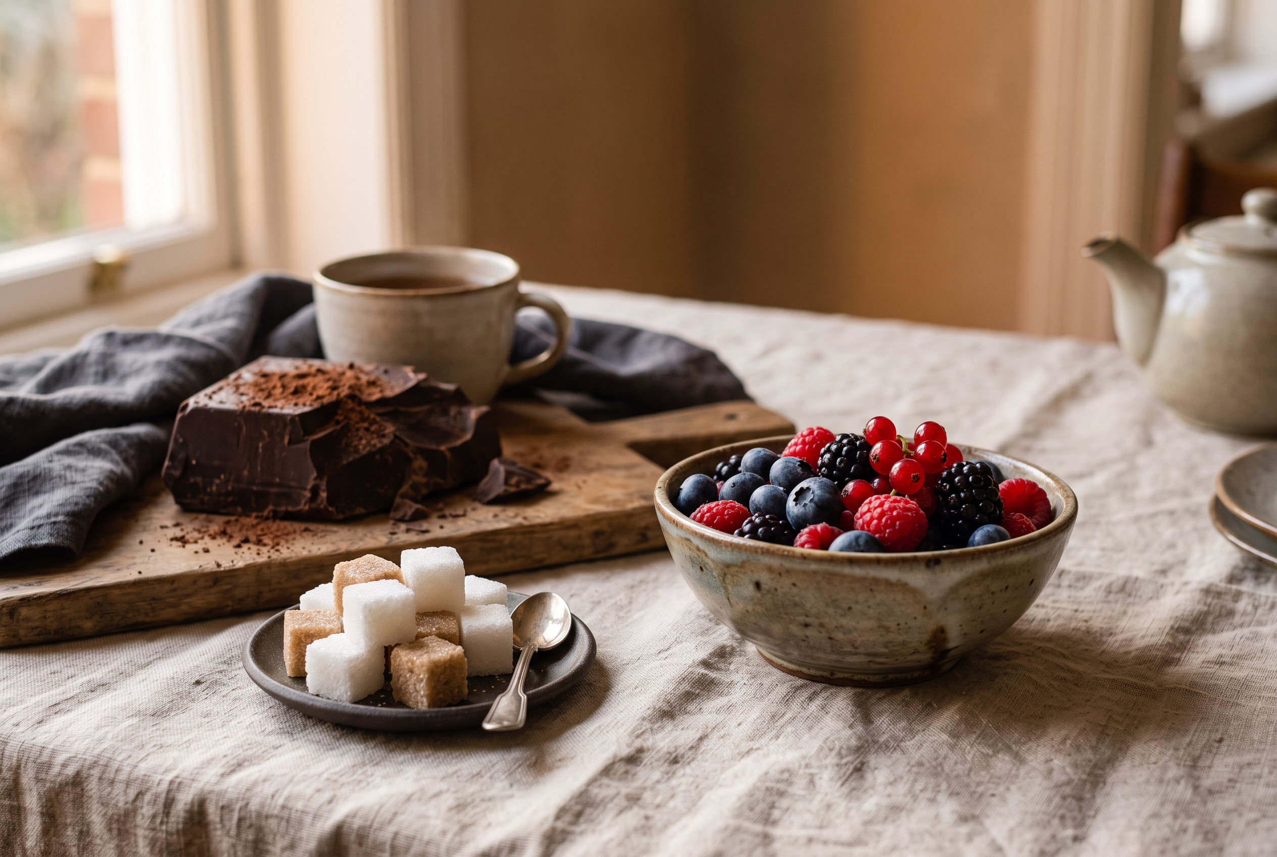 Zuckerwürfel, dunkle Schokolade und Beeren auf Leinentischdecke